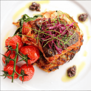 Line caught Salmon with Roast Tomatoes